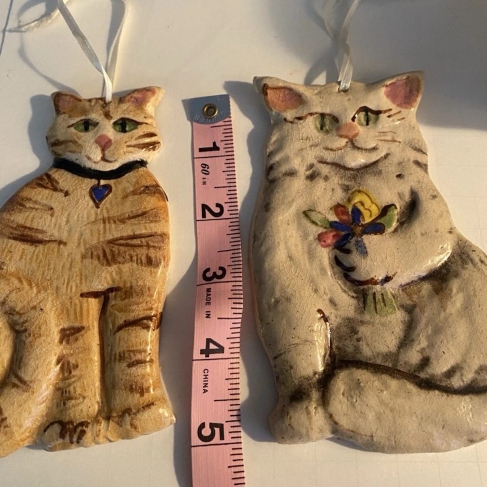 VTG Cat Themed Christmas Ornaments Lot 2 Clay Whimsical tabby cat Persian cats